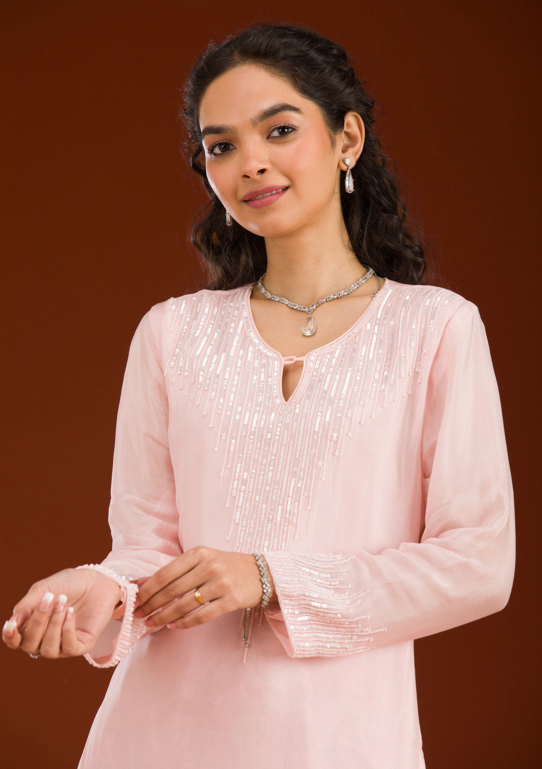Koskii Crepe Pink Salwar Suit – Sequined Readymade Elegance