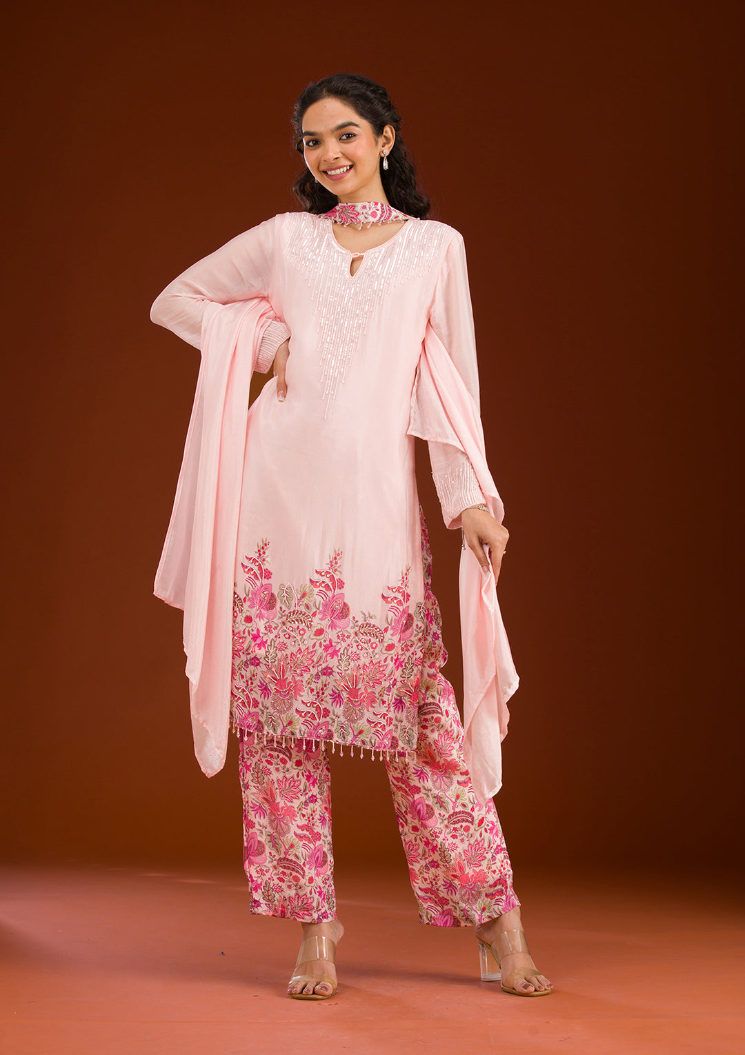 Koskii Crepe Pink Salwar Suit – Sequined Readymade Elegance