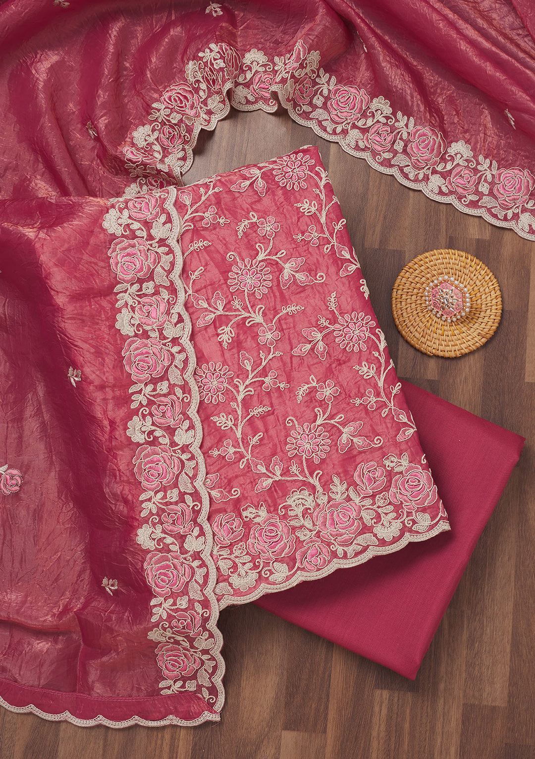 Koskii Semi Crepe Pink Salwar Suit – Unstitched with Elegant Threadwork
