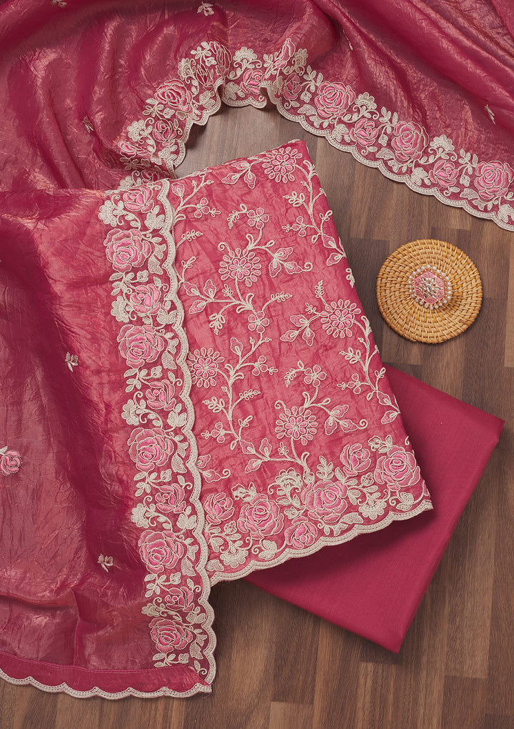 Koskii Semi Crepe Pink Salwar Suit – Unstitched with Elegant Threadwork