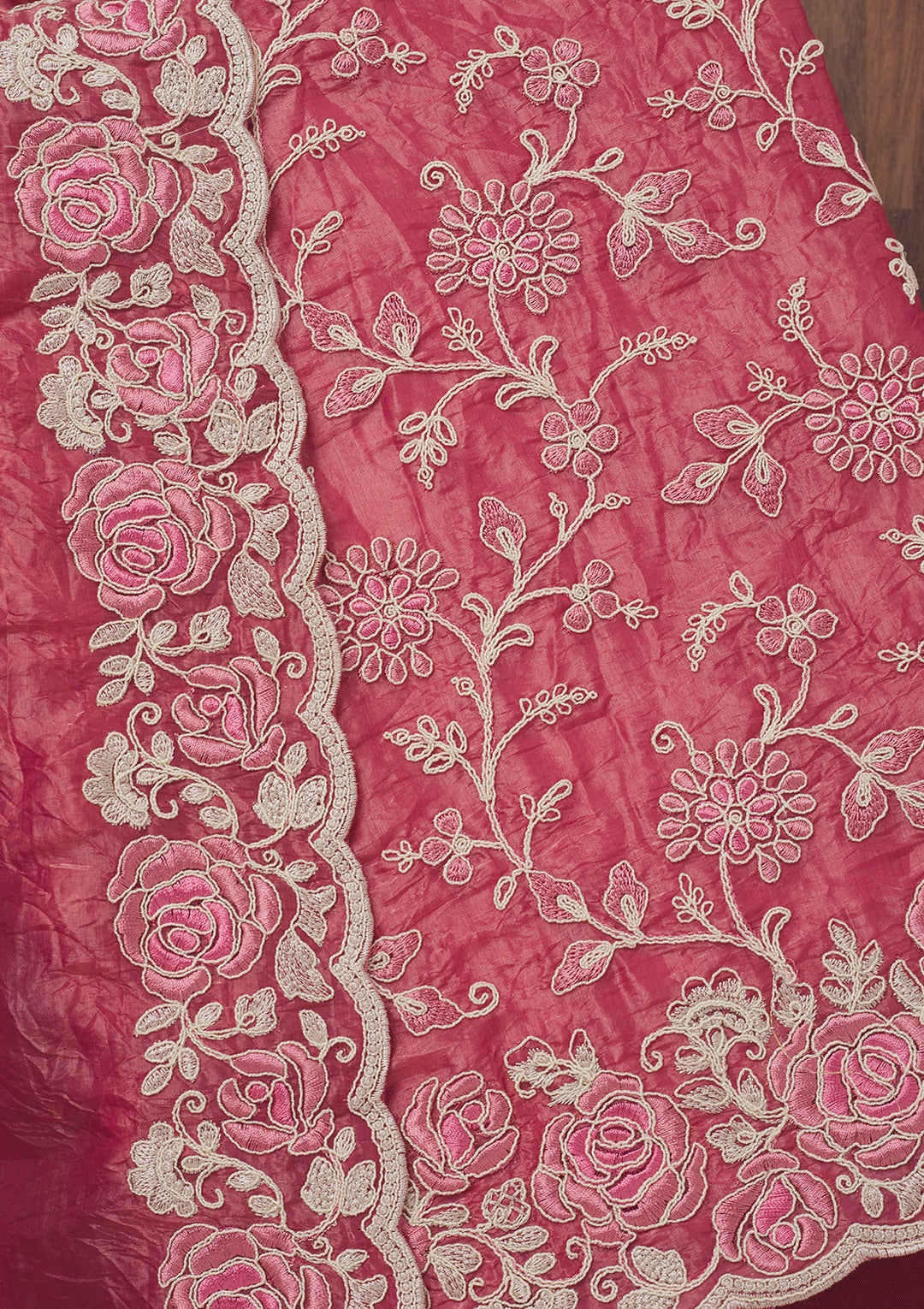 Koskii Semi Crepe Pink Salwar Suit – Unstitched with Elegant Threadwork
