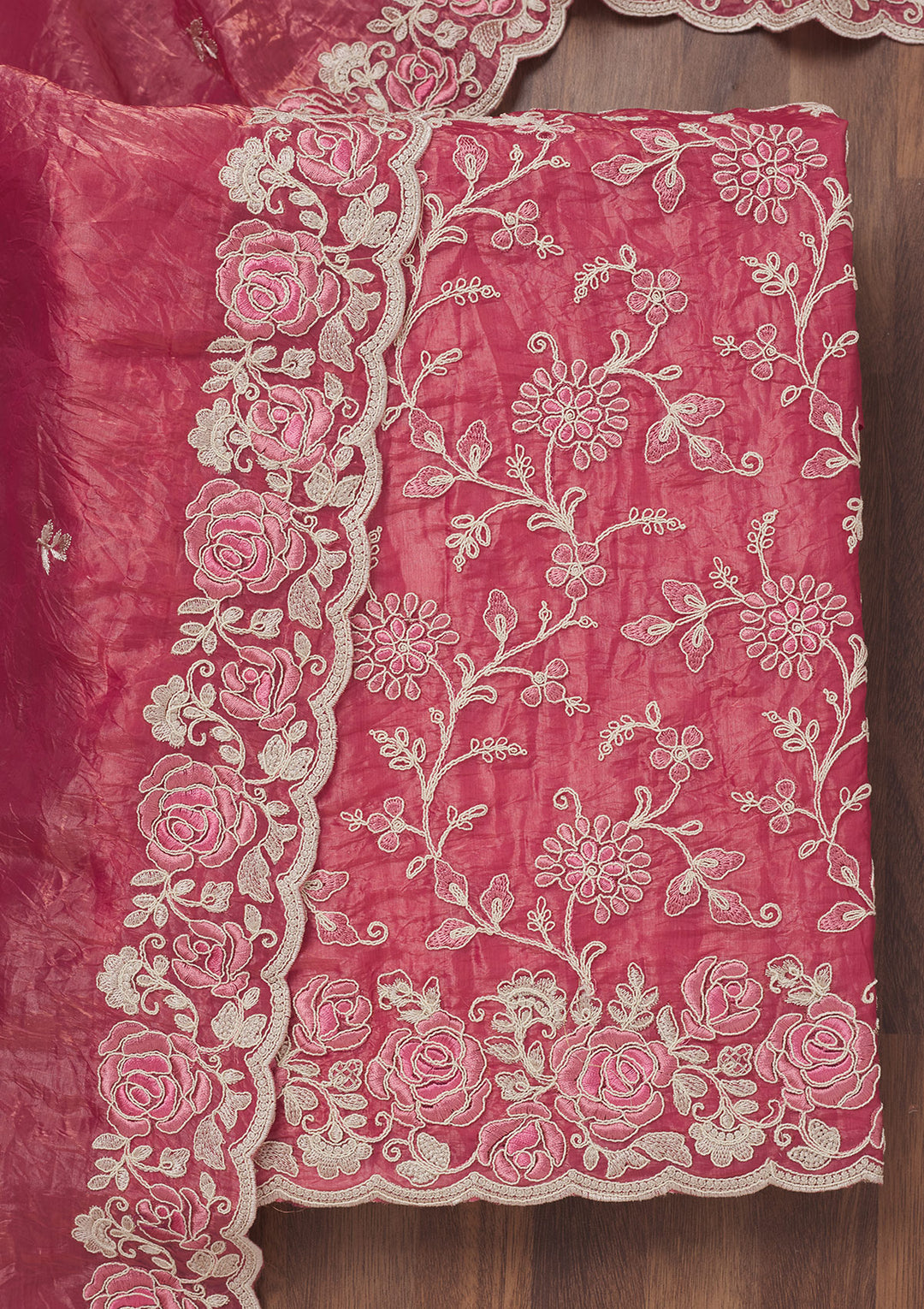 Koskii Semi Crepe Pink Salwar Suit – Unstitched with Elegant Threadwork