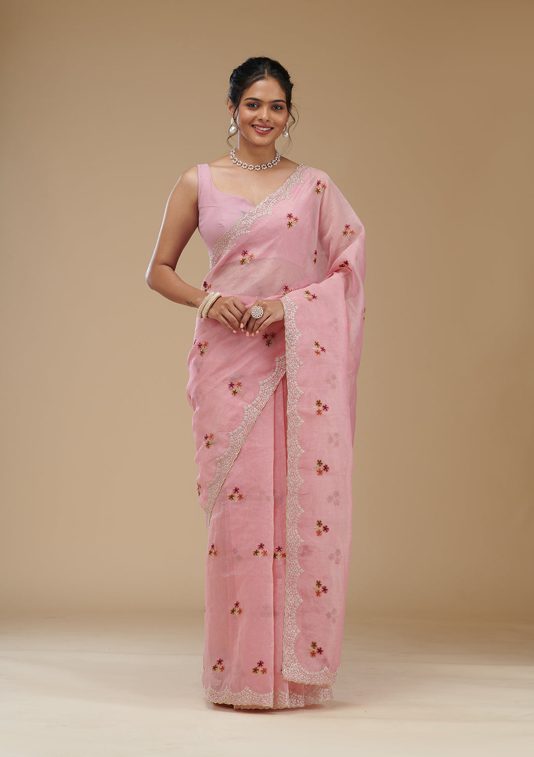 Pink Organza Gold Zariwork Saree With Matching Blouse Piece