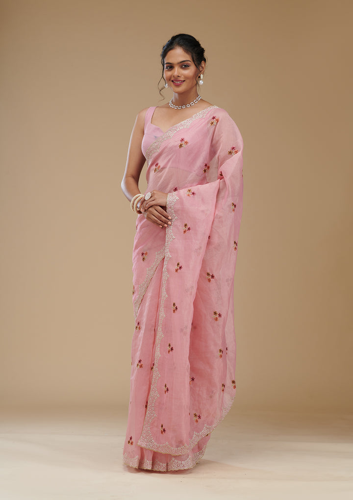 Pink Organza Gold Zariwork Saree With Matching Blouse Piece