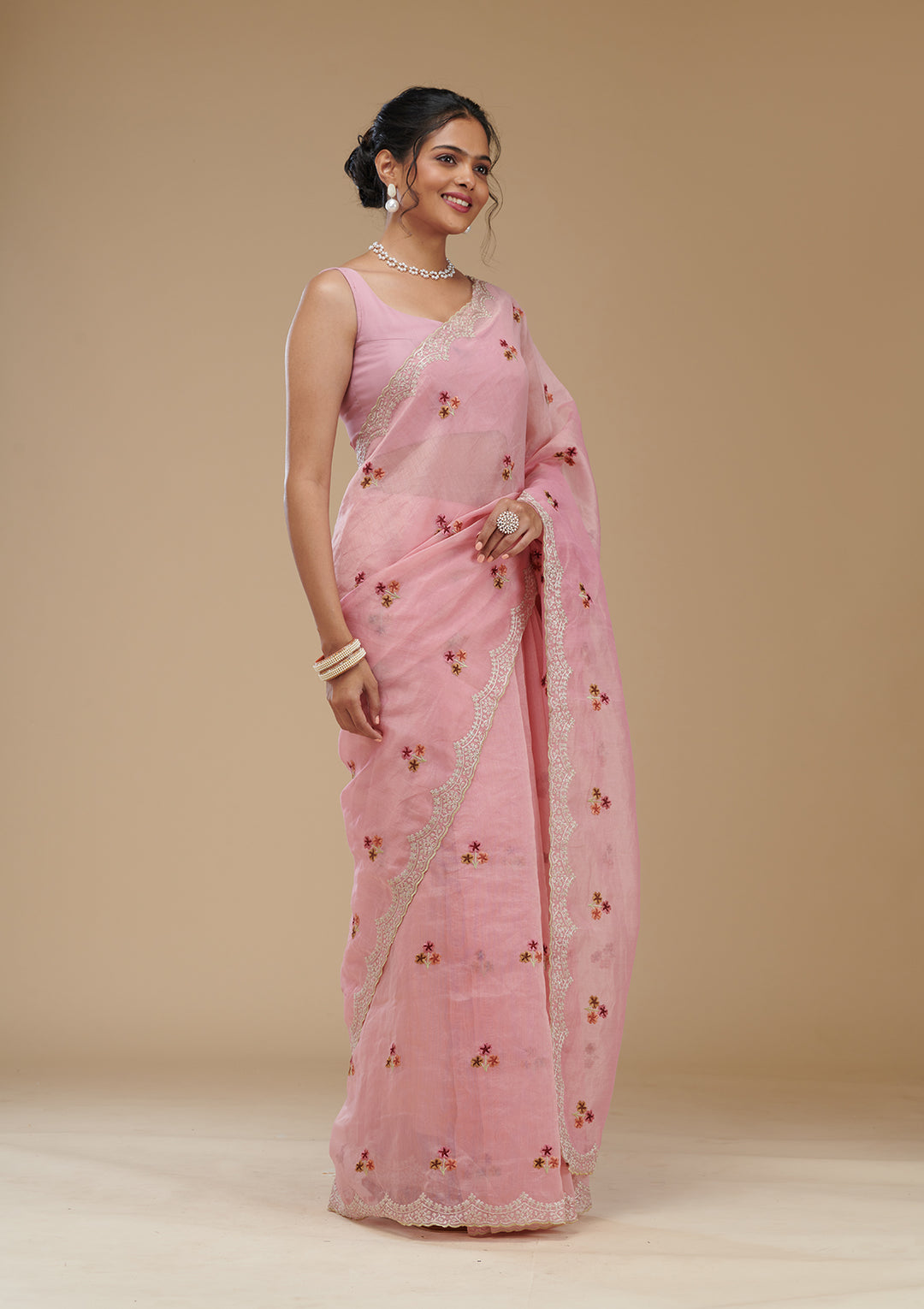 Pink Organza Gold Zariwork Saree With Matching Blouse Piece