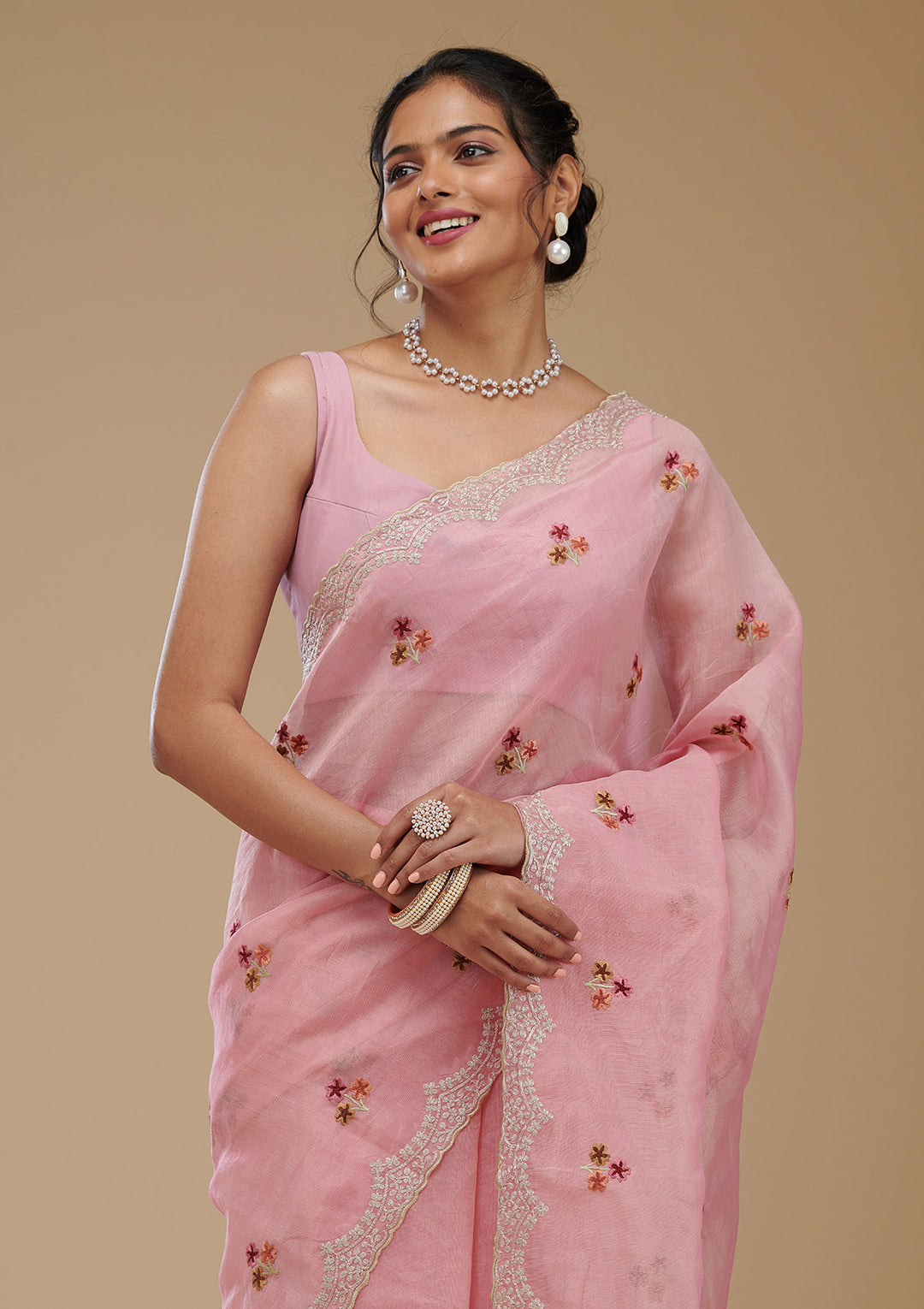 Pink Organza Gold Zariwork Saree With Matching Blouse Piece
