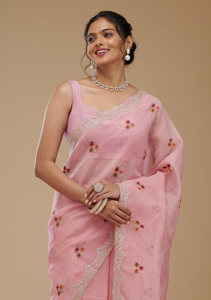 Pink Organza Gold Zariwork Saree With Matching Blouse Piece
