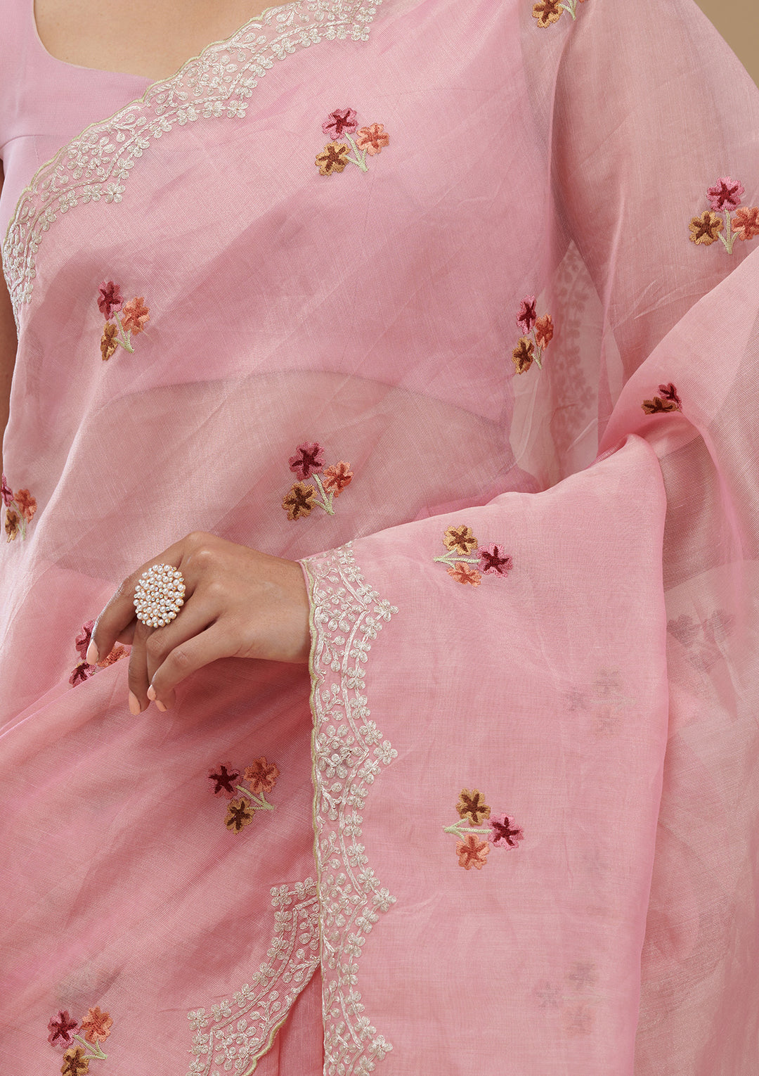 Pink Organza Gold Zariwork Saree With Matching Blouse Piece