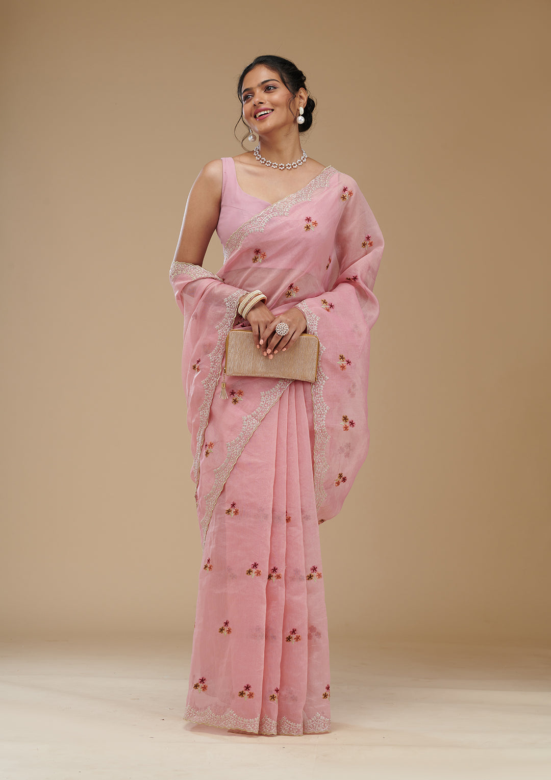 Pink Organza Gold Zariwork Saree With Matching Blouse Piece