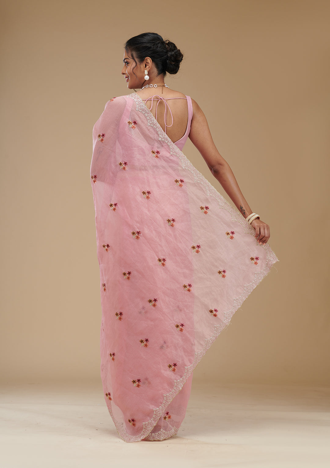 Pink Organza Gold Zariwork Saree With Matching Blouse Piece