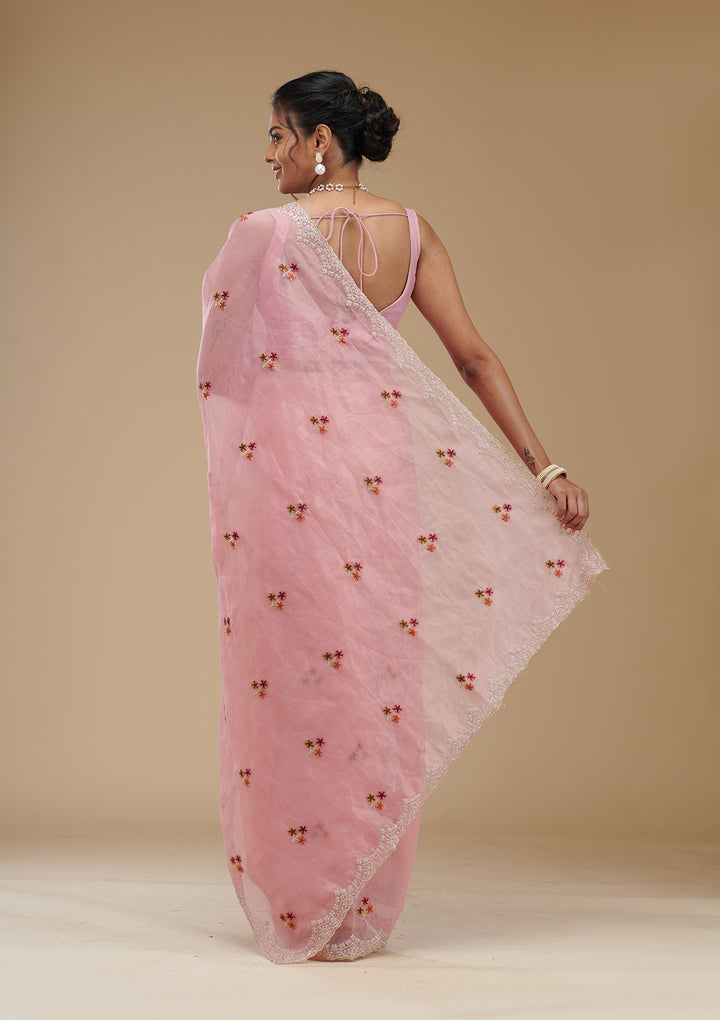 Pink Organza Gold Zariwork Saree With Matching Blouse Piece