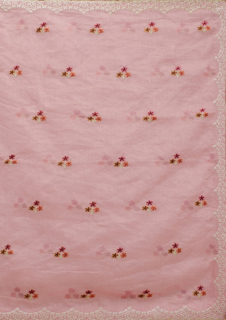 Pink Organza Gold Zariwork Saree With Matching Blouse Piece