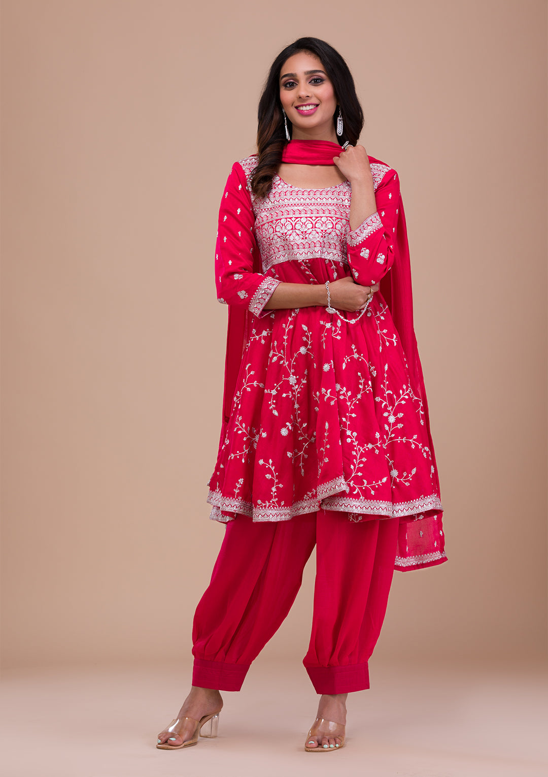 Pink Zariwork Art Silk Readymade Salwar Suit