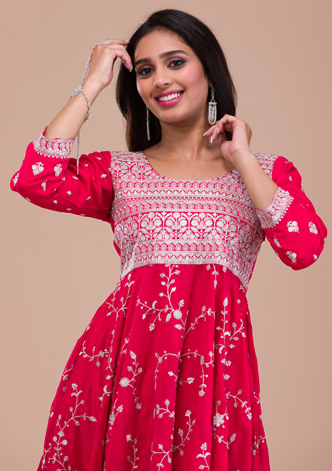 Pink Zariwork Art Silk Readymade Salwar Suit