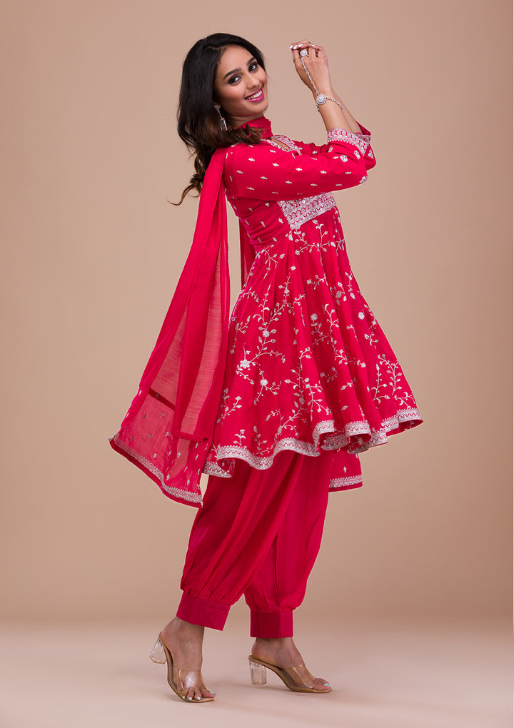 Pink Zariwork Art Silk Readymade Salwar Suit