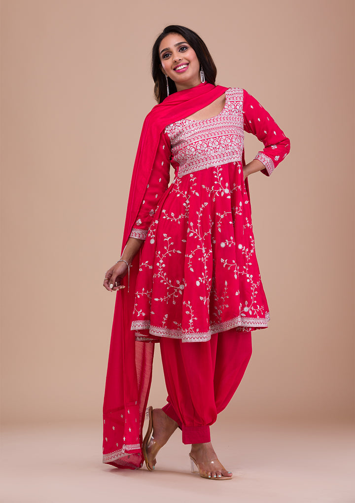 Pink Zariwork Art Silk Readymade Salwar Suit