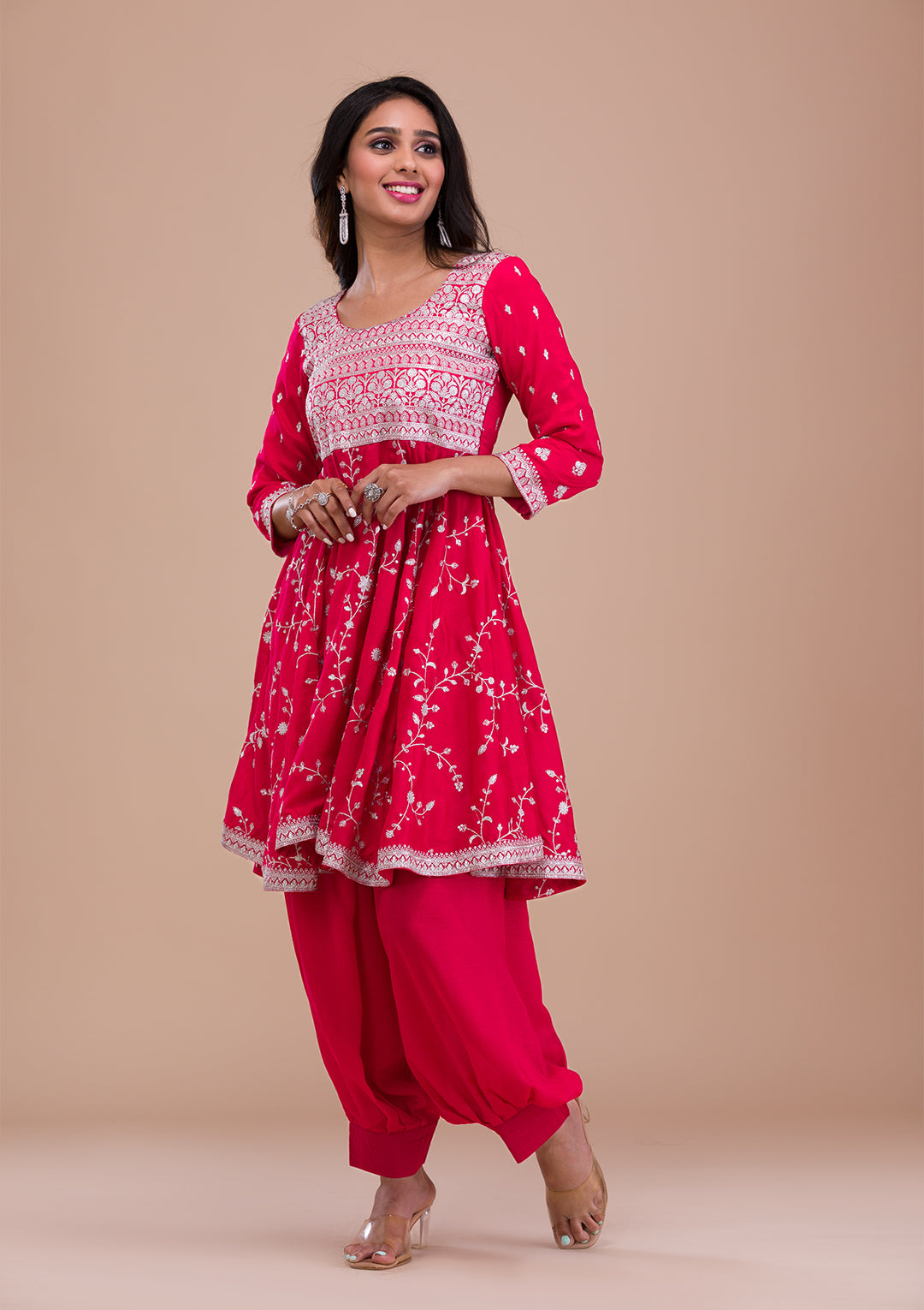 Pink Zariwork Art Silk Readymade Salwar Suit