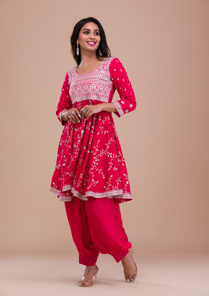 Pink Zariwork Art Silk Readymade Salwar Suit