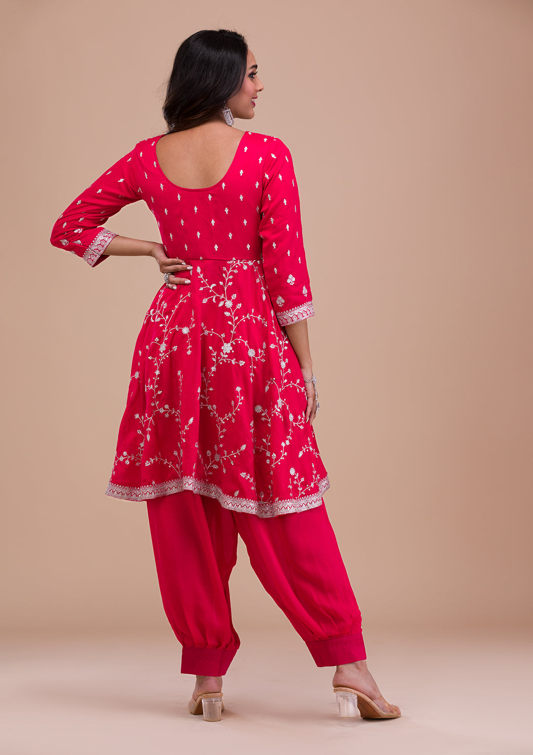 Pink Zariwork Art Silk Readymade Salwar Suit
