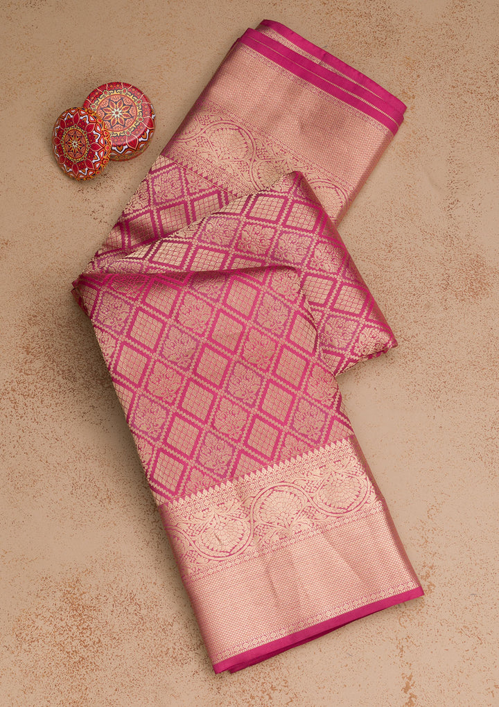 Pink Pure Silk Jaal Zariwork Saree With Matching Blouse Piece