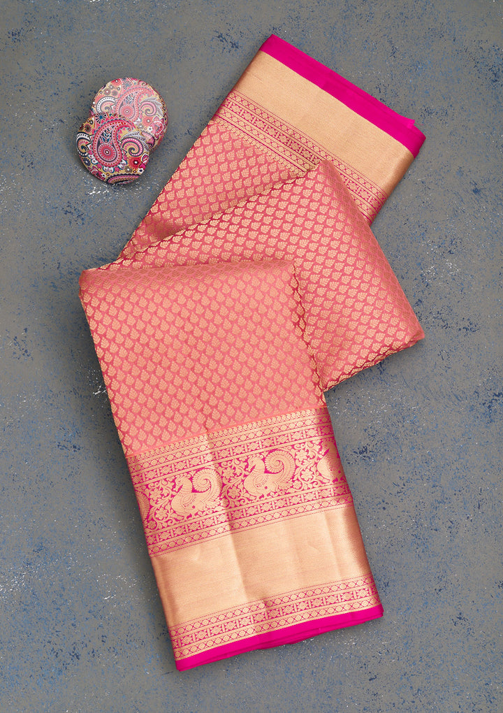 Pink Silk Jaal Gold Zariwork Saree With Matching Blouse Piece