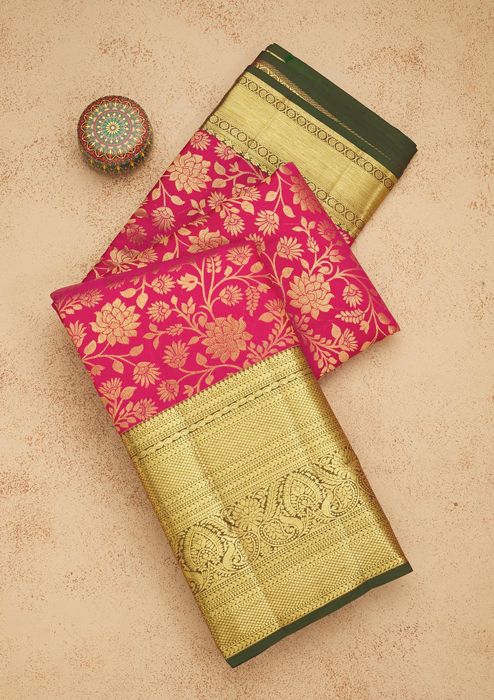 Pink Silk Jaal Gold Zariwork Saree With Matching Blouse Piece