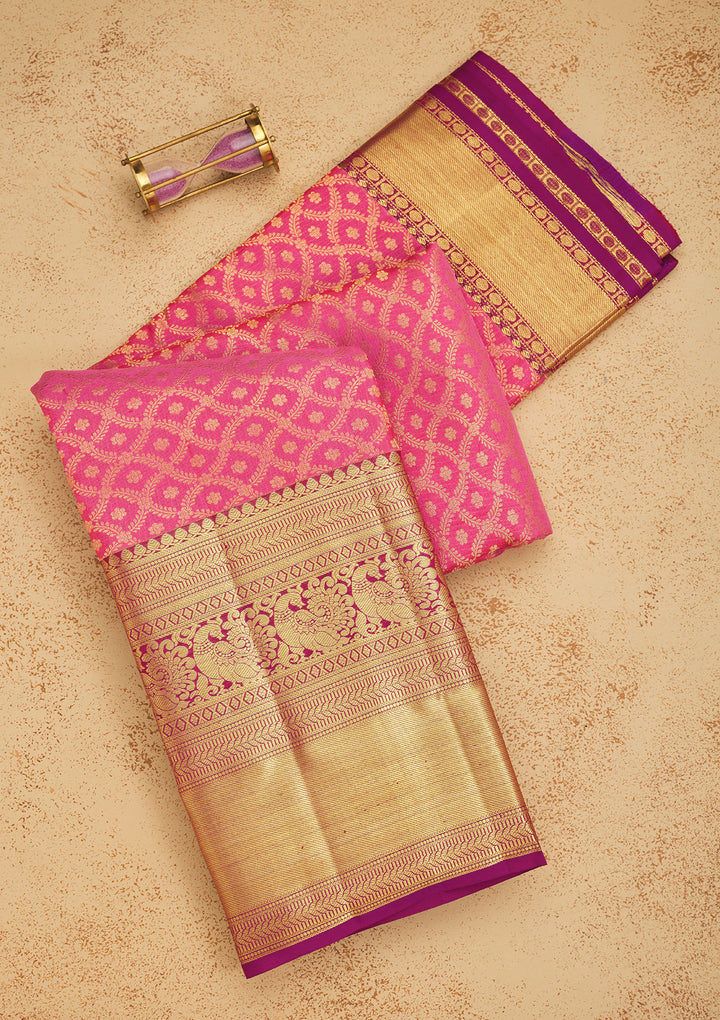 Pink Silk Jaal Gold Zariwork Saree With Matching Blouse Piece