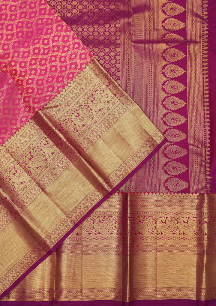 Pink Silk Jaal Gold Zariwork Saree With Matching Blouse Piece