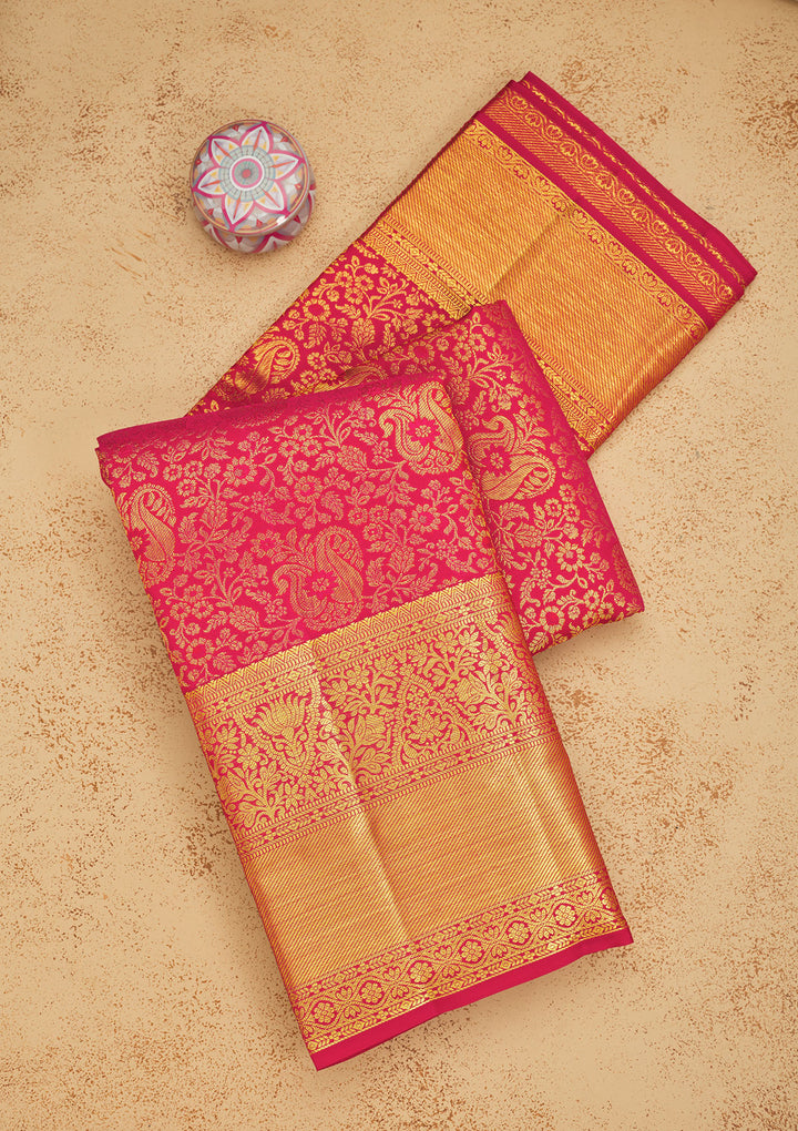 Pink Silk Jaal Gold Zariwork Saree With Matching Blouse Piece