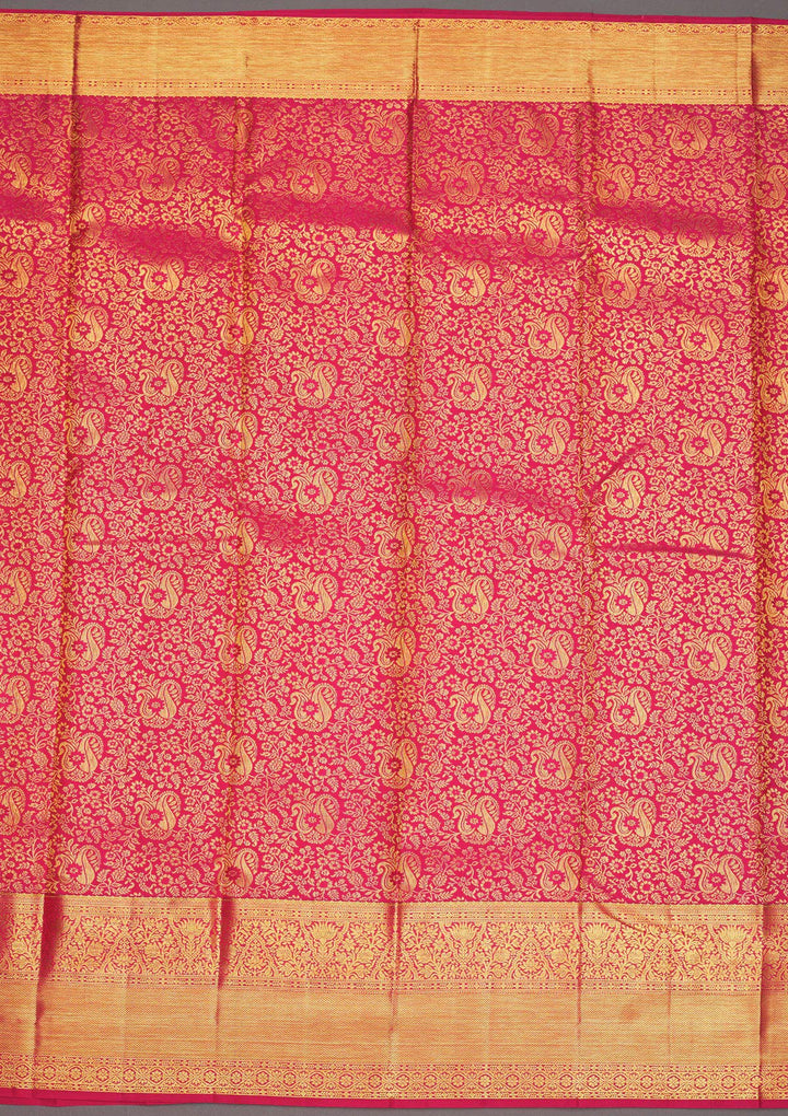 Pink Silk Jaal Gold Zariwork Saree With Matching Blouse Piece