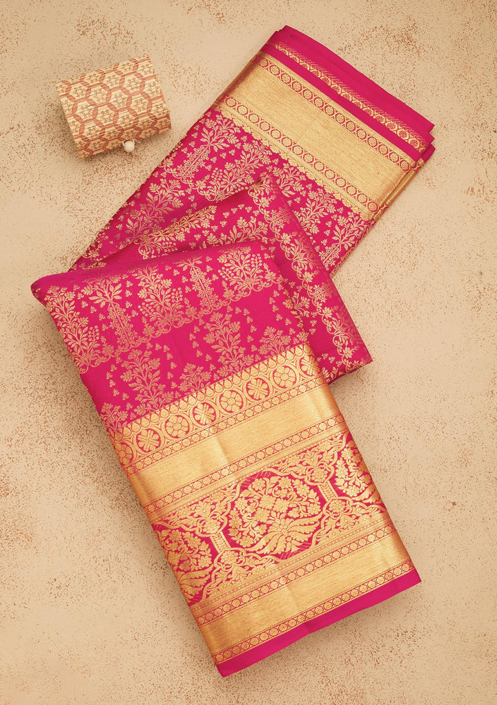 Pink Silk Jaal Gold Zariwork Saree With Matching Blouse Piece