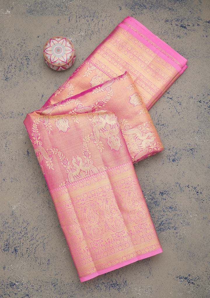 Pink Silk Jaal Gold Zariwork Saree With Matching Blouse Piece