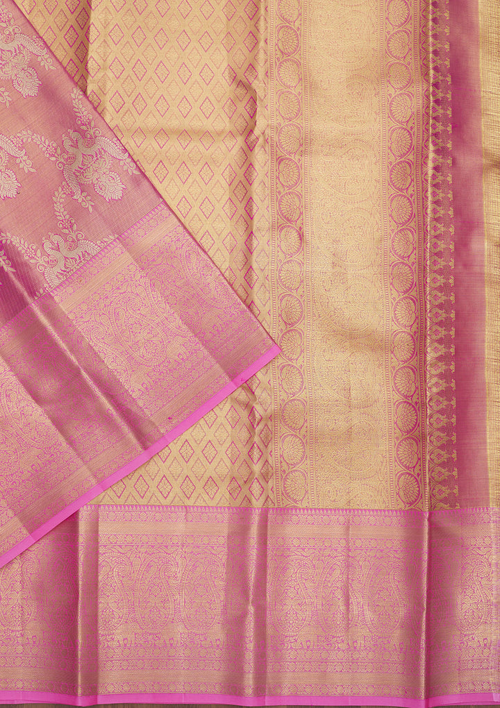 Pink Silk Jaal Gold Zariwork Saree With Matching Blouse Piece