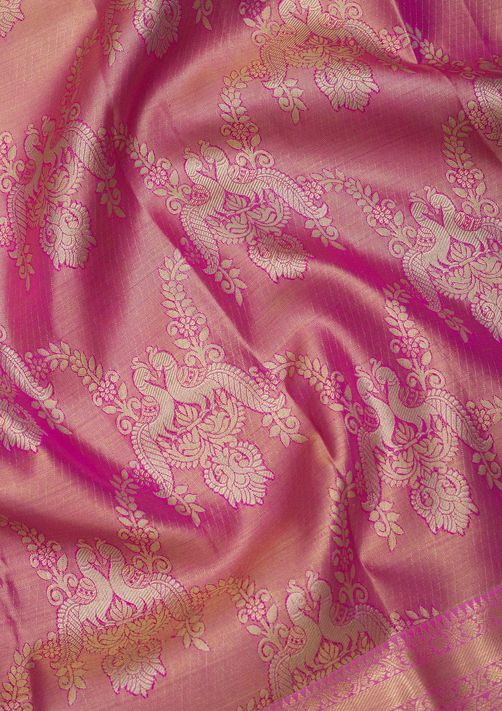Pink Silk Jaal Gold Zariwork Saree With Matching Blouse Piece
