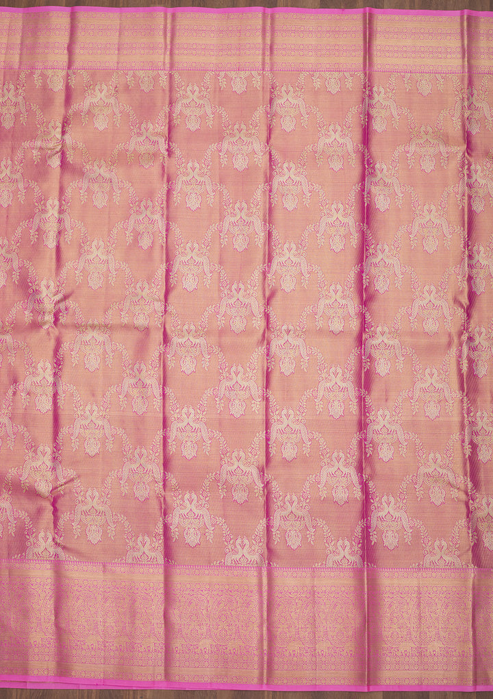 Pink Silk Jaal Gold Zariwork Saree With Matching Blouse Piece