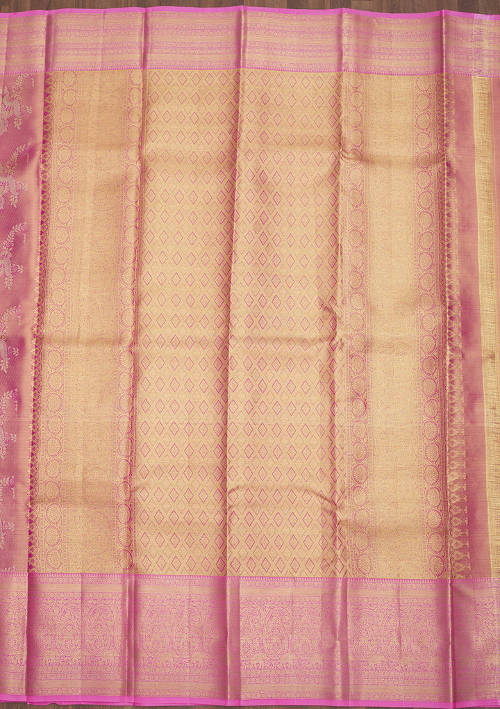 Pink Silk Jaal Gold Zariwork Saree With Matching Blouse Piece