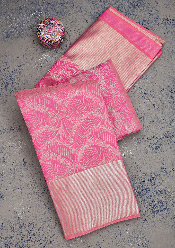 Pink Silk Jaal Silver Zariwork Saree With Matching Blouse Piece