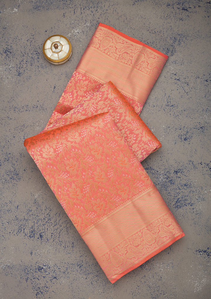 Pink Silk Jaal Gold Zariwork Saree With Matching Blouse Piece
