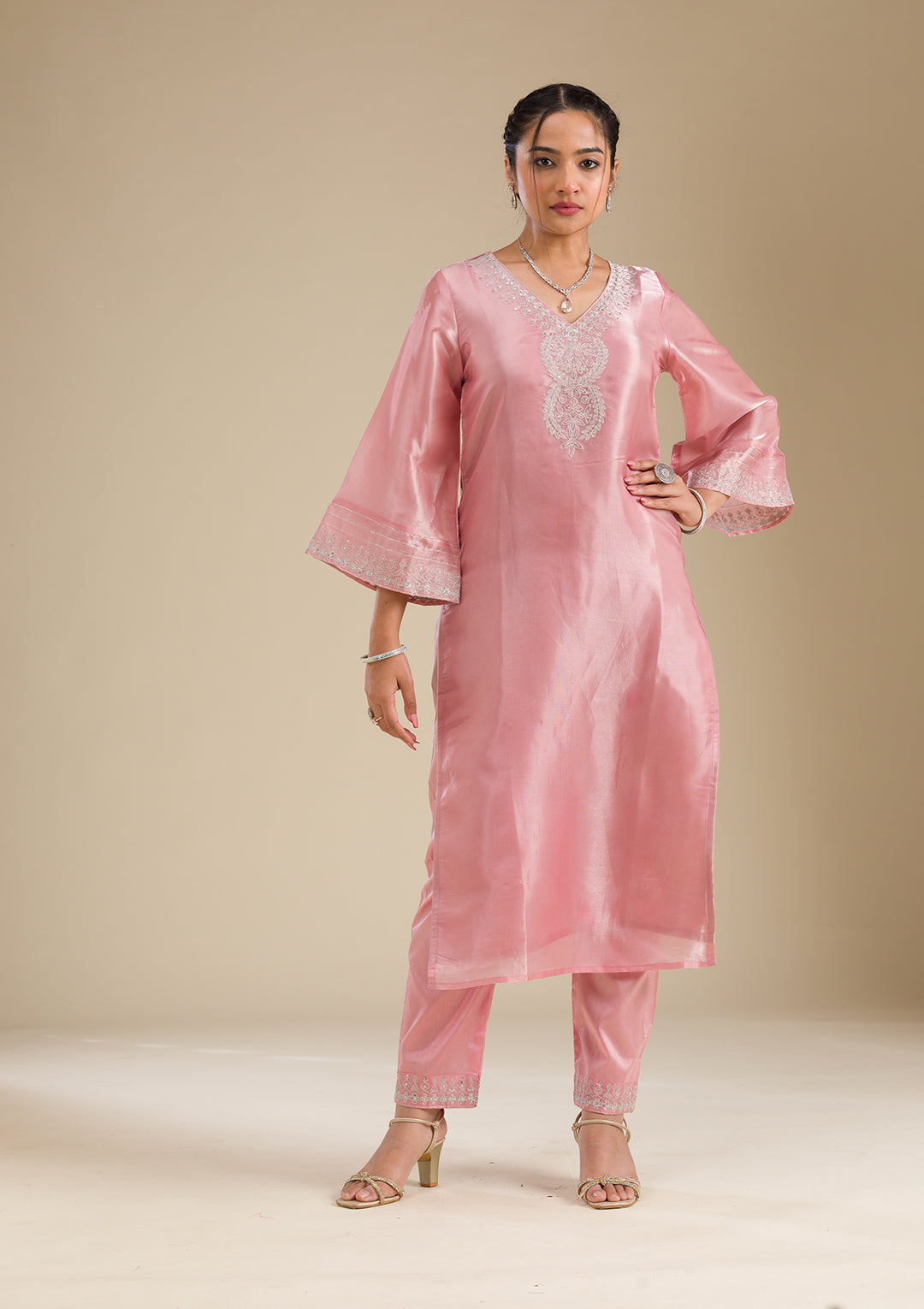 Pink Zariwork Semi Crepe Readymade Salwar Suit