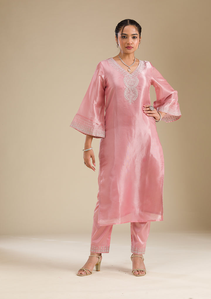 Pink Zariwork Semi Crepe Readymade Salwar Suit