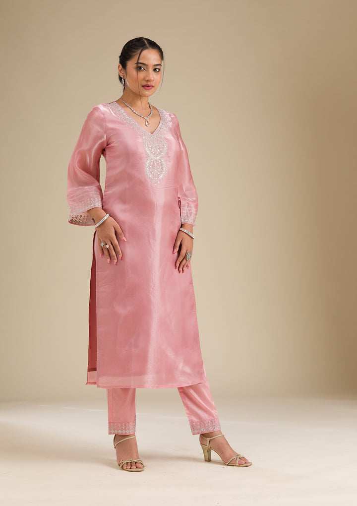 Pink Zariwork Semi Crepe Readymade Salwar Suit