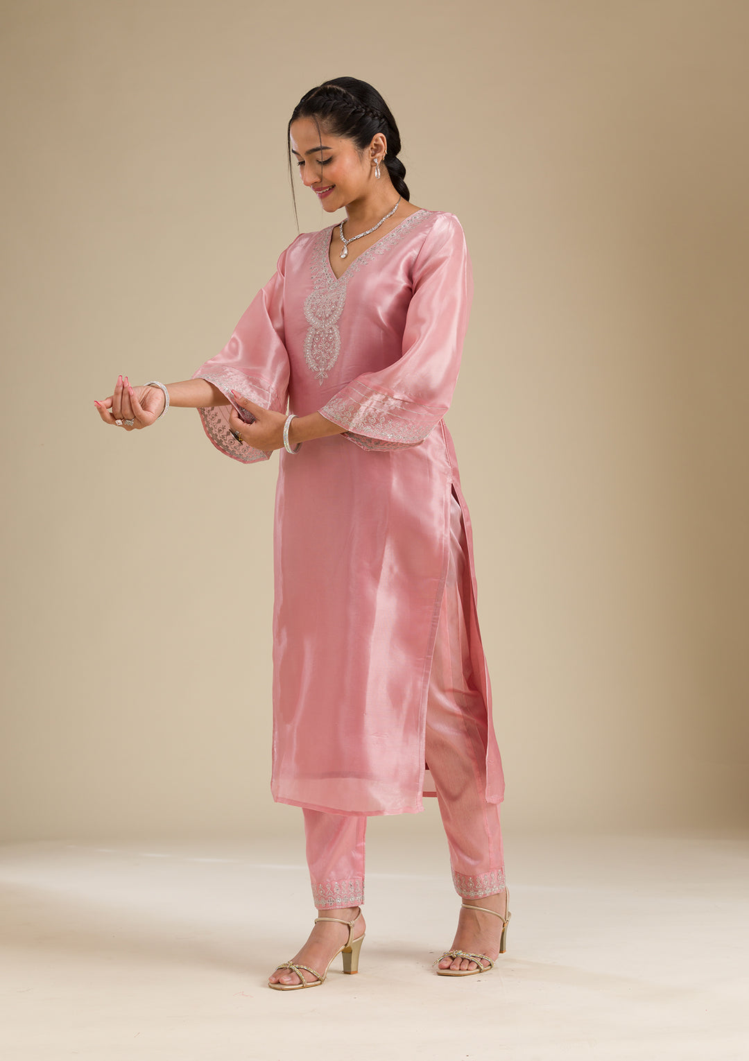 Pink Zariwork Semi Crepe Readymade Salwar Suit