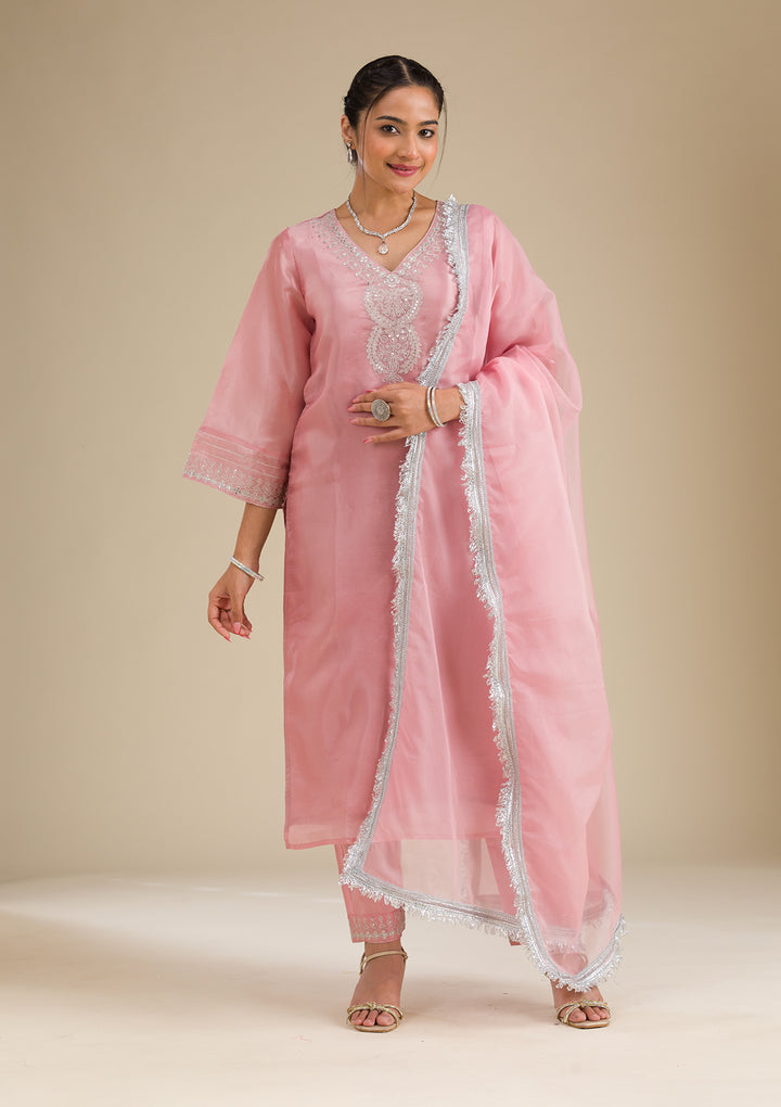 Pink Zariwork Semi Crepe Readymade Salwar Suit