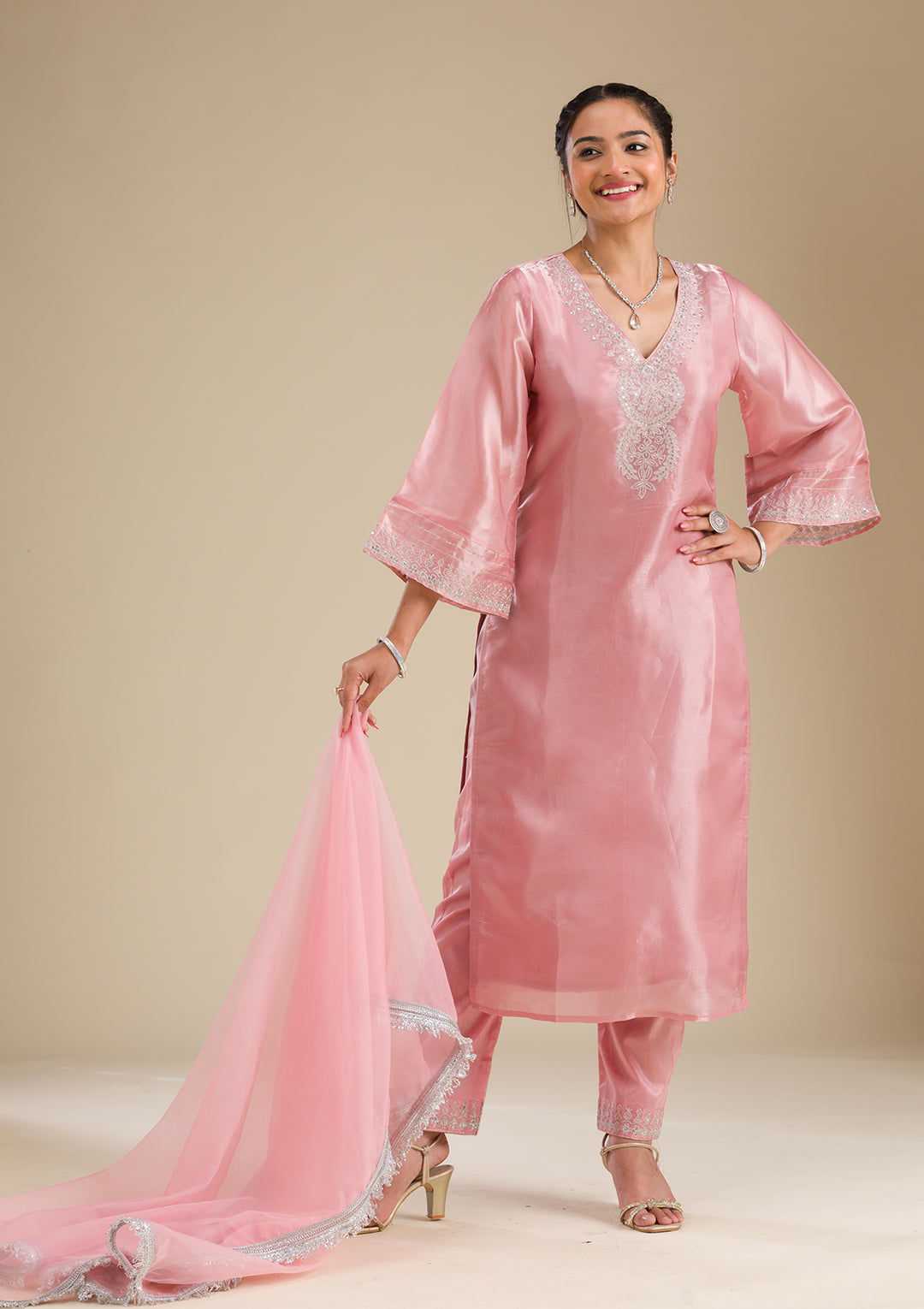 Pink Zariwork Semi Crepe Readymade Salwar Suit
