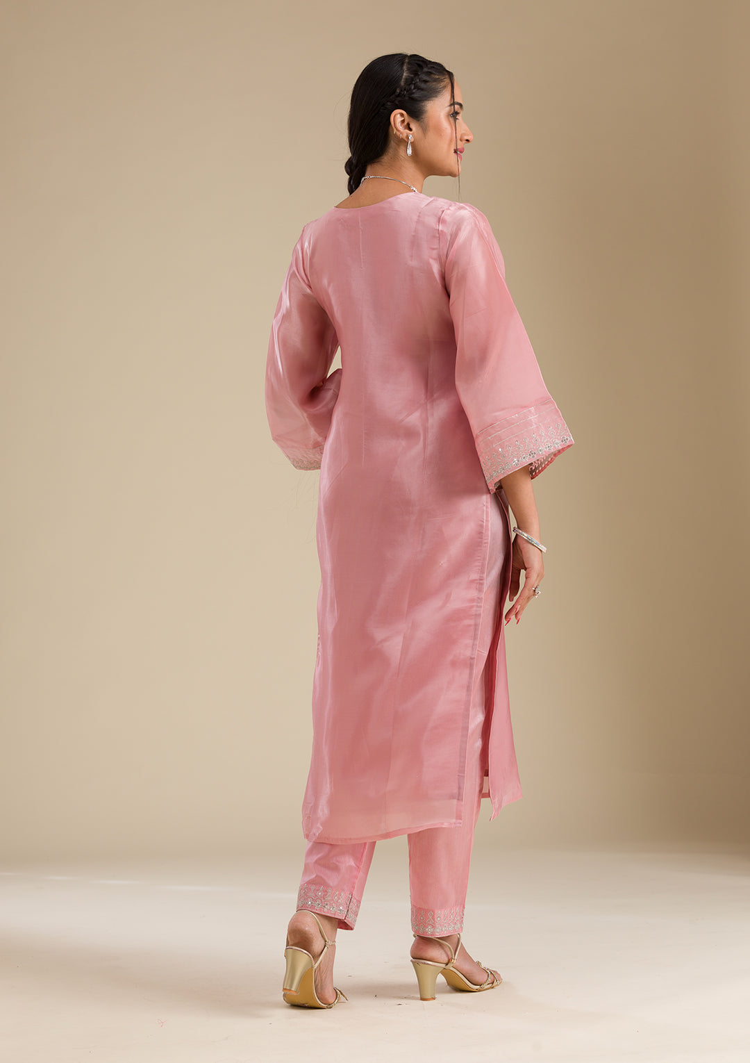 Pink Zariwork Semi Crepe Readymade Salwar Suit