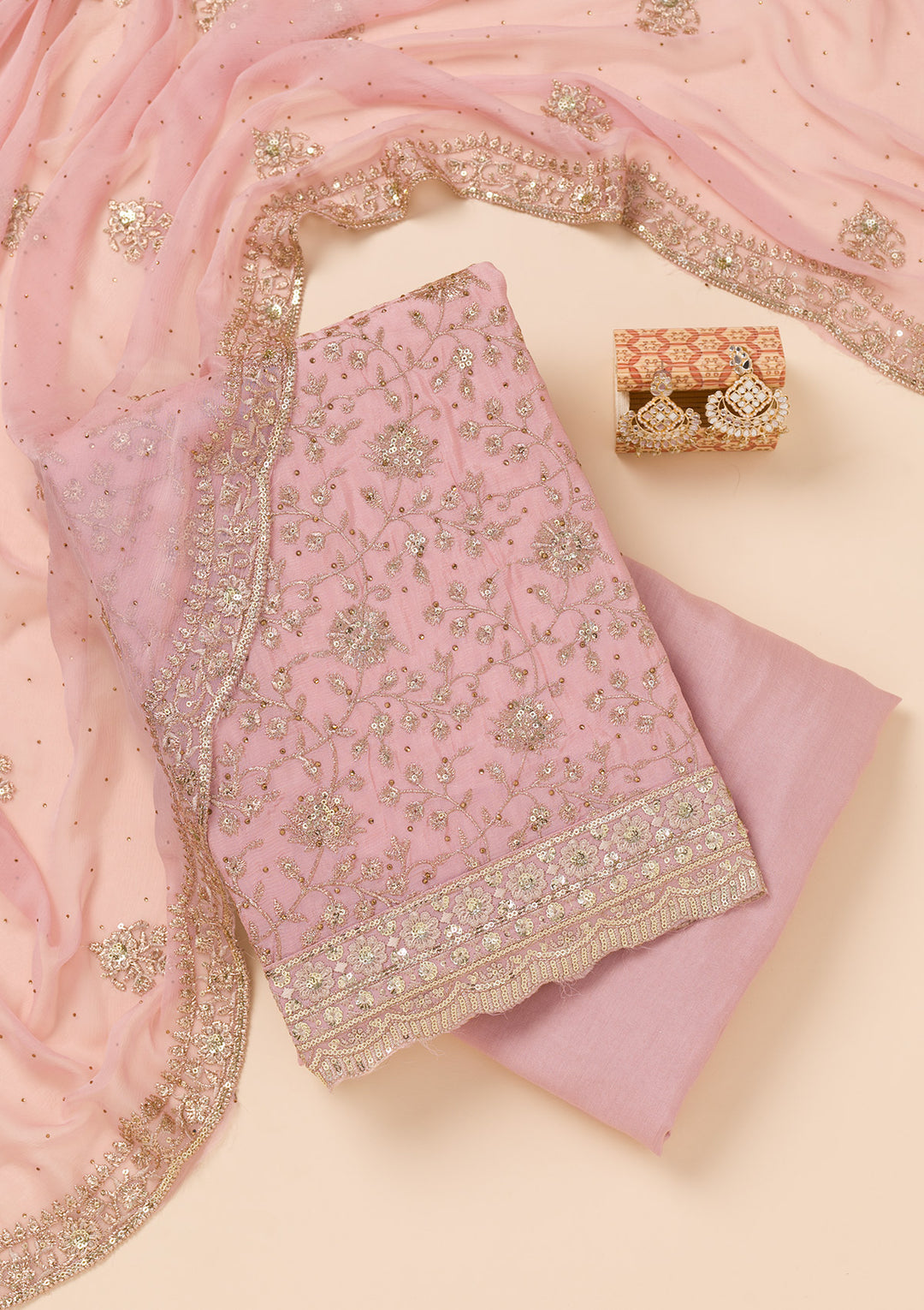 Pink Zariwork Semi Crepe Unstitched Salwar Suit
