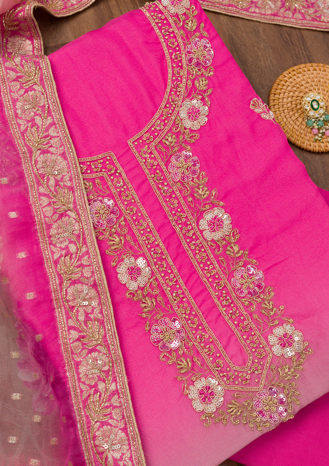 Pink Zariwork Semi Crepe Unstitched Salwar Suit