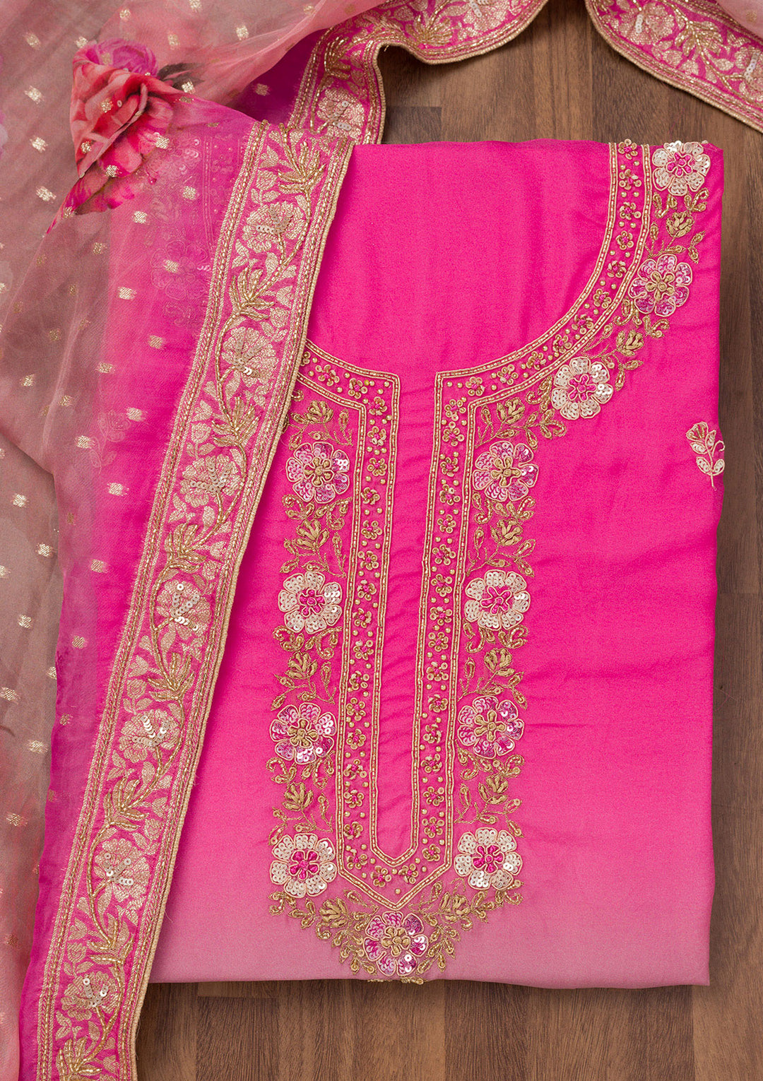 Pink Zariwork Semi Crepe Unstitched Salwar Suit