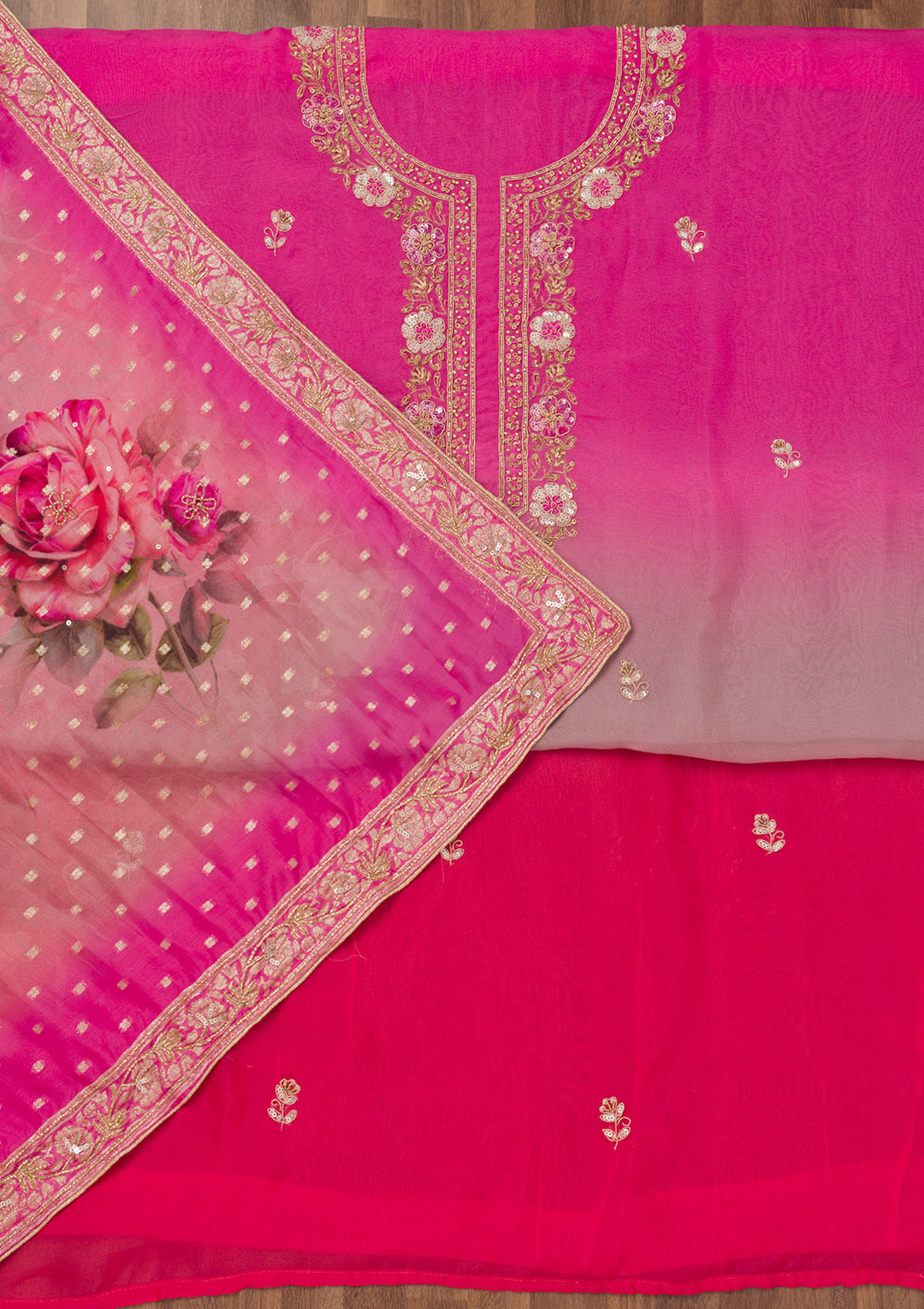Pink Zariwork Semi Crepe Unstitched Salwar Suit