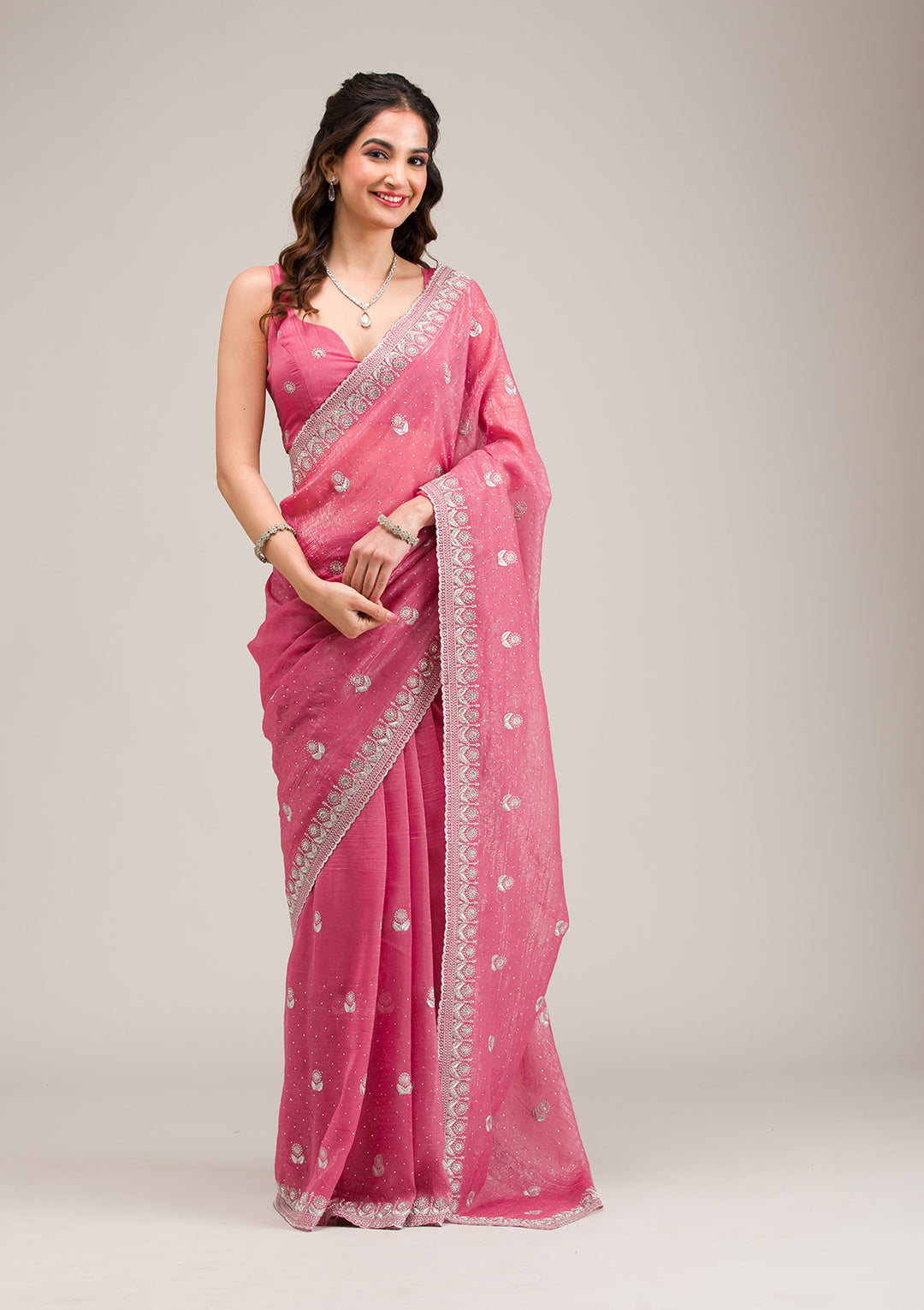 Pink Tissue Silver Zariwork Saree With Matching Blouse Piece